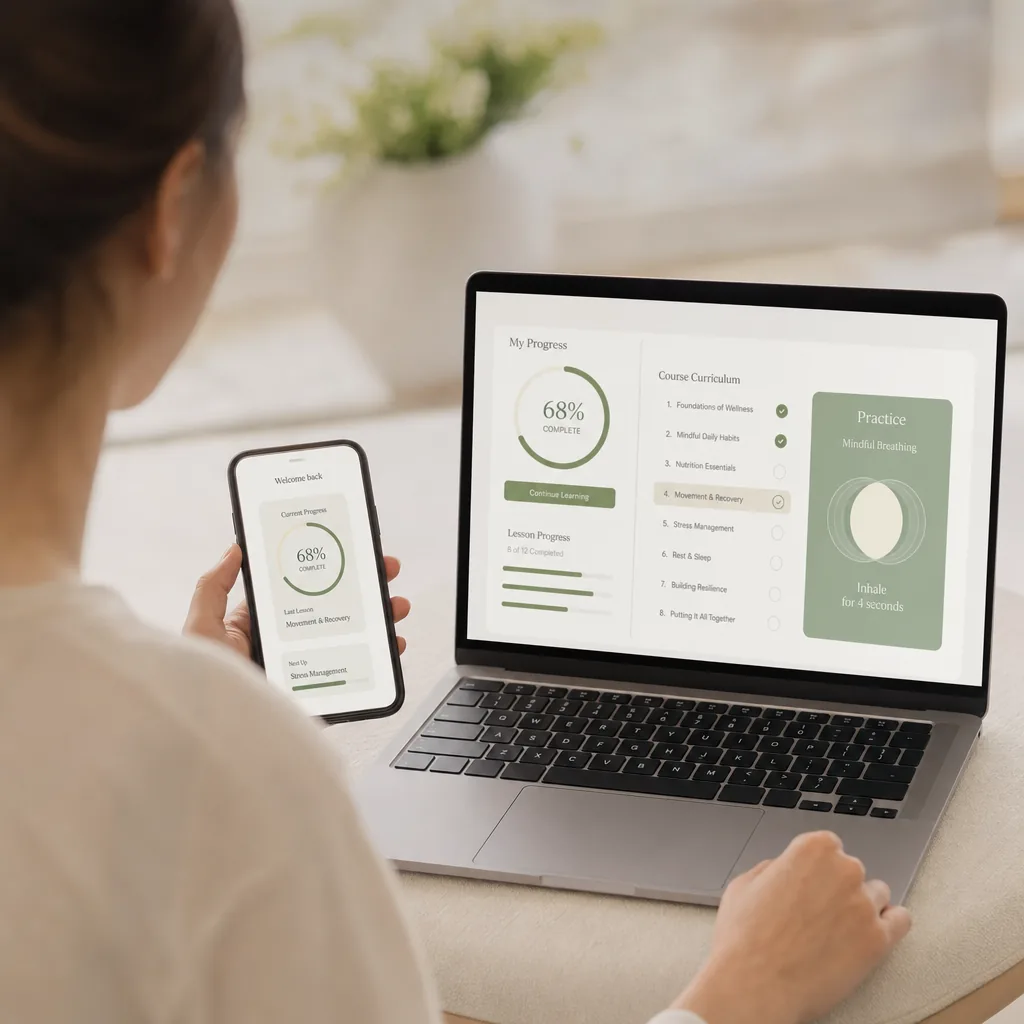 Inside the program: course dashboard with modules, lessons and reference guides